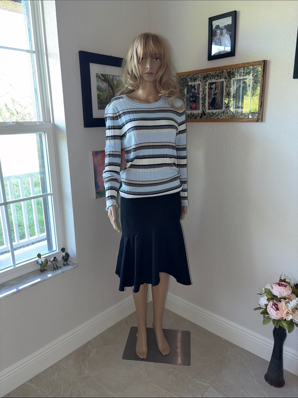 Blue White Black Sweater & Black Flared Midi Skirt - Classic Attire